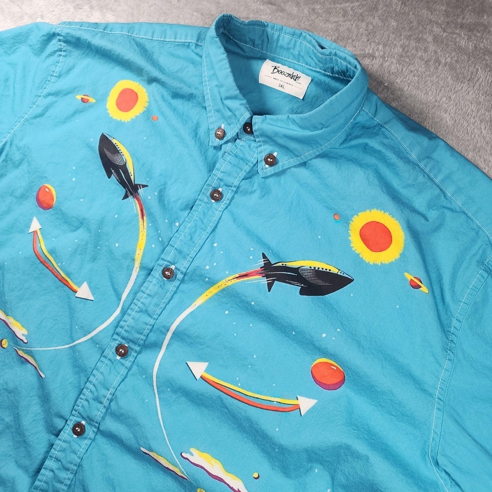 Boozelele Shirt Mens 3XL Blue Rocket Space Western‎ Smile Short Sleeve Retro